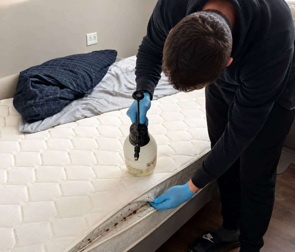 Intervenant examinant les coutures d’un matelas lors d’un traitement contre les punaises de lit
